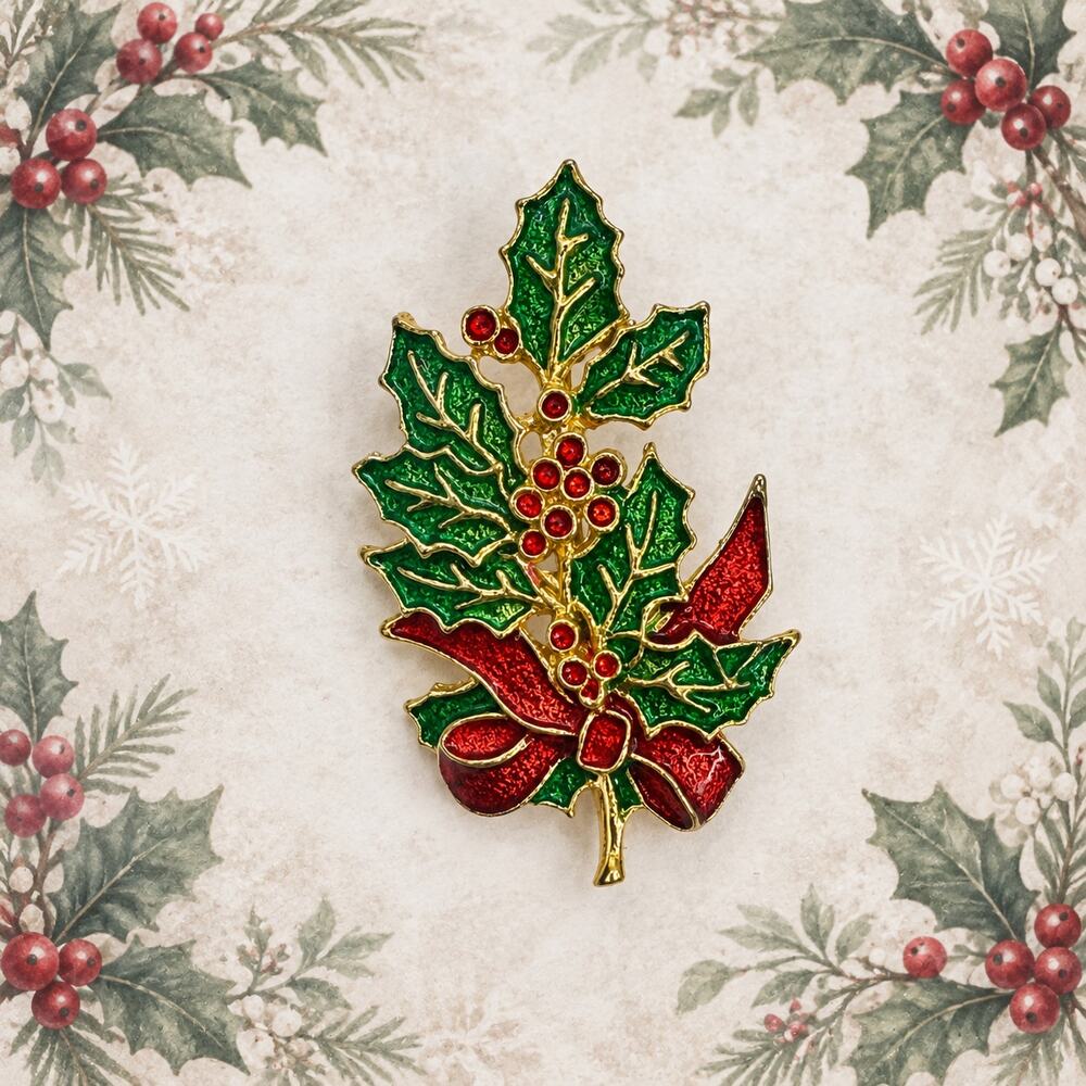 Christmas Holly Brooch Green Red Enamel Rhinestone Gold Tone Holiday Pin CP176